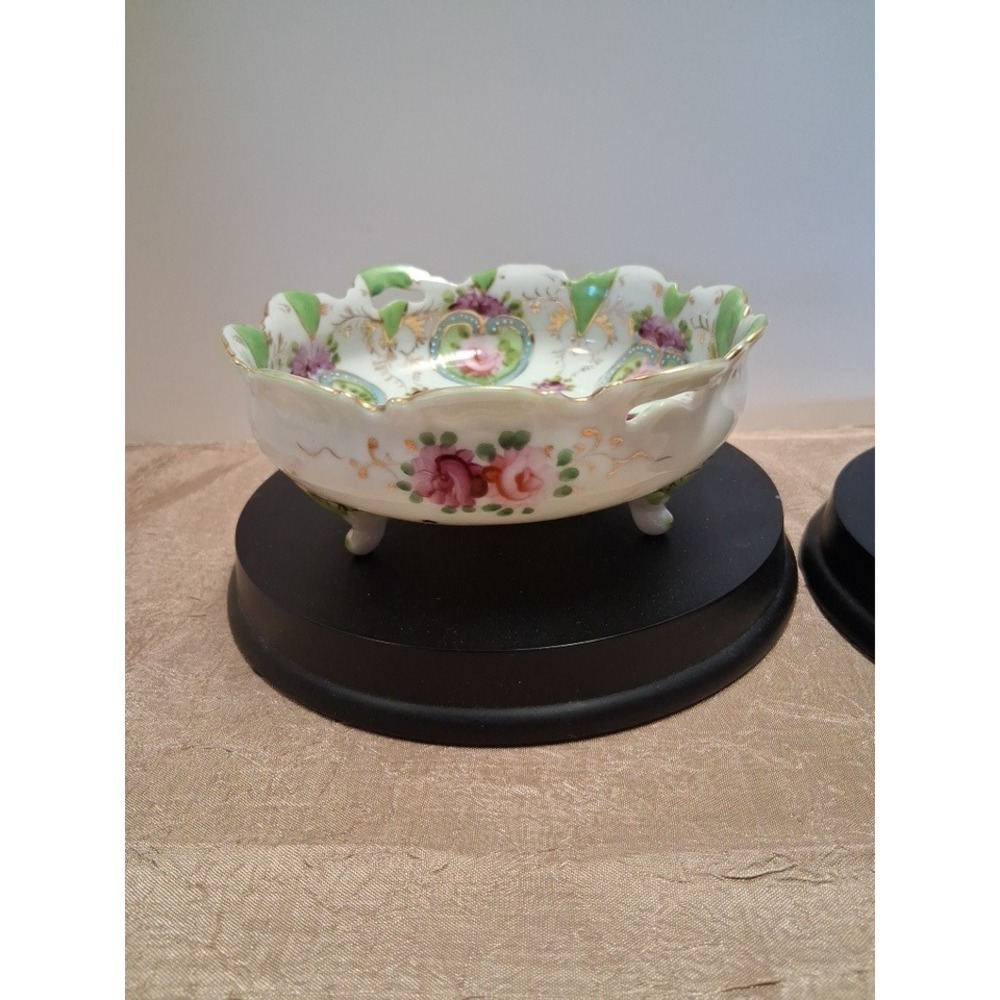 Vintage‎ Nippon Hand Painted Footed Nut Bowl Pink Rose Gold Gilt Scalloped Edge